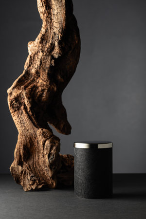 Black empty podium and wooden, textured, dried snag on a black background. Exhibition stand for cosmetics, product, item.の写真素材