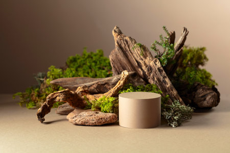 Abstract north nature scene with a composition of lichen, moss, and old snags on a beige background. Place your product on a podium. Copy space.の写真素材
