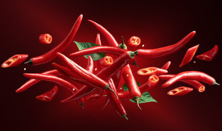 Red chili peppers in motion on a dark red background.の写真素材