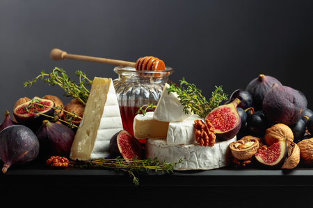 Camembert cheese with figs, grapes, walnuts, honey, and thyme. Soft cheese with fruits on a black background.の写真素材