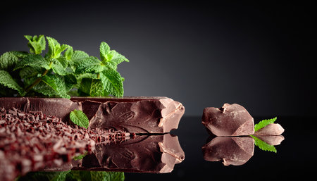 Pieces of dark bitter chocolate and chocolate chips with mint on a black reflective background. Copy space.の写真素材