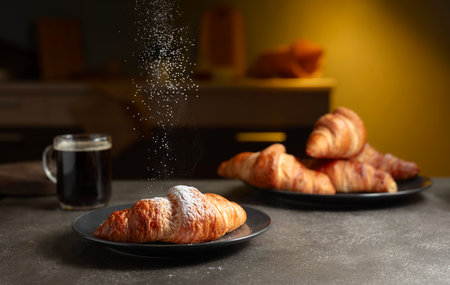 Fresh baked croissants and black coffee on a kitchen table. Croissants sprinkled with sugar powder. Selective focus.の写真素材