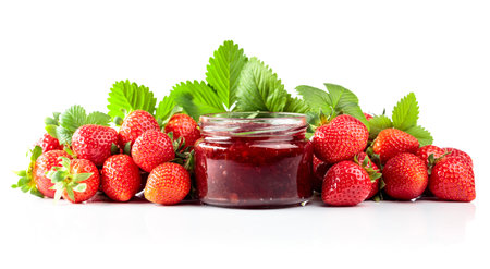Strawberry jam and fresh berries with leaves isolated on a white background.の写真素材