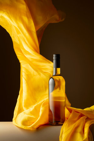 Bottle of white wine and flutters of yellow cloth on a dark background.の写真素材