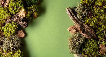 Abstract north nature scene with a composition of lichen, moss, and old snags on a green background. Top view. Copy space.の写真素材
