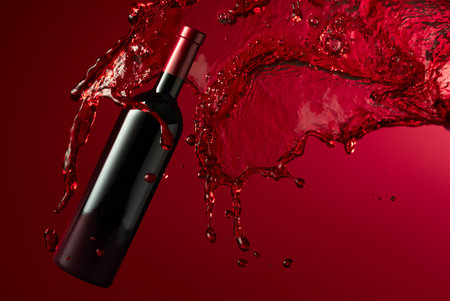 Bottle of red wine and splash on a dark red background. Copy space.の写真素材