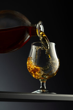 Cognac or brandy being poured into a glass. Brandy snifter on a dark background.