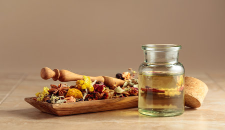 Essential oil or herbal tincture in a small glass bottle. Mix of dried healthy medicinal herbs and healing plants on a beige background. Copy space.の写真素材