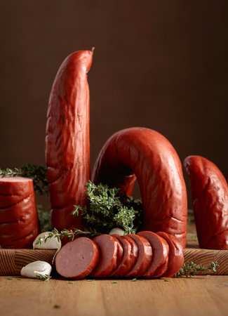 Smoked sausage with thyme and garlic on a wooden table. Copy space.