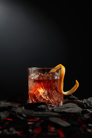 Old-fashioned cocktail with ice and orange peel. Glass with a cocktail on burning charcoal. Copy space.の写真素材