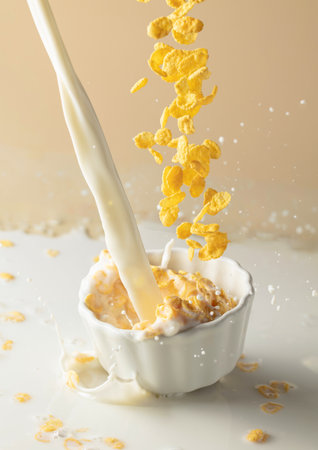 Dry honey cornflakes with milk splashes in a ceramic plate. Flakes with organic farm milk. The...