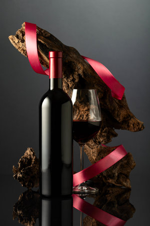 Bottle and glass of red wine on a black reflective background. In the background old weathered snag with red satin ribbon. Concept of expensive wine.の写真素材