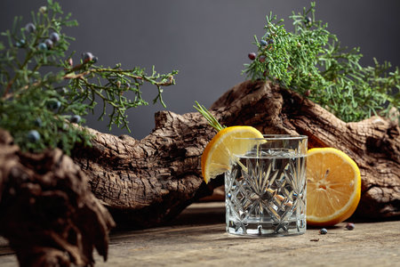 Gin-tonic cocktail with lemon on an old wooden table. In the background old snags and juniper branches.の写真素材