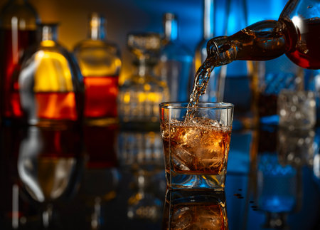 Whiskey is poured from a bottle into a glass with ice. Glass of whiskey on a black reflective background. In the background bottles with various alcoholic drinks.の写真素材