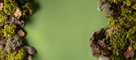 Abstract north nature scene with a composition of lichen, moss, and old snags on a green background. Top view. Copy space.の写真素材