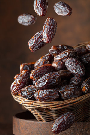 Dates in an old basket on a brown background. Copy space.