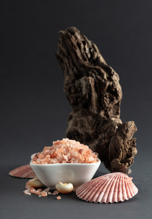 Pink himalayan salt with snags and seashells on a black background. Copy space.の写真素材