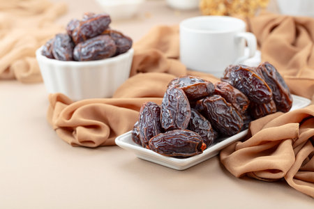 Dried medjool dates in white dish on a beige background.の写真素材