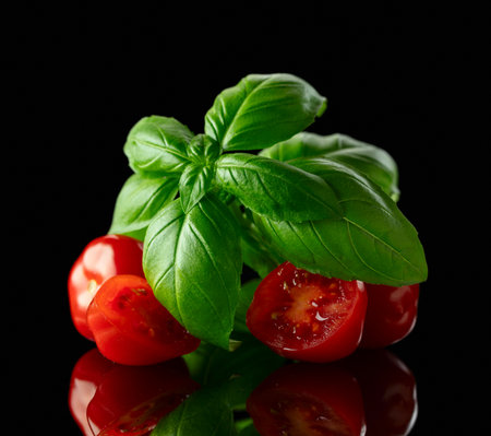 Tomatoes cherry with basil on a black reflective background.の写真素材