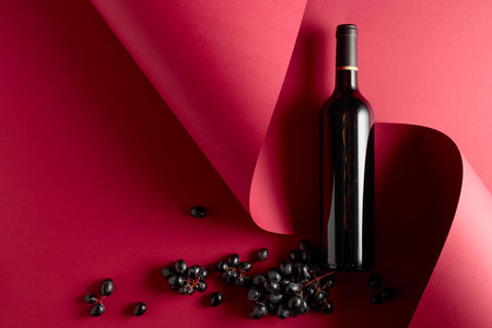 Bottle of red wine and blue grapes. Copy space for your text, top view.の写真素材