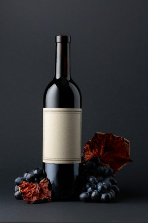 Bottle of red wine and blue grapes with dried up vine leaves on a dark background. On a bottle old empty label. Copy space.の写真素材