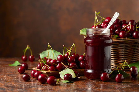 Cherry jam and fresh berries with leaves on an old brown table. Copy space.