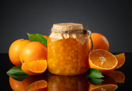 Orange jam in glass jar and fresh fruits. Sweet confiture on a black reflective background.の写真素材