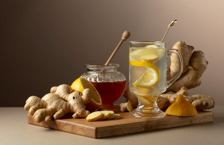 Ginger tea with lemon and honey on a beige background. Copy space.