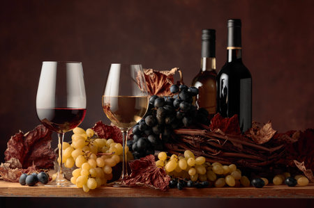 White and red wine with bunches of grapes on vintage wooden table. Copy space.の写真素材