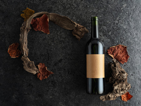 Bottle of red wine on a black stone background. Red wine, old snags, and dried vine leaves. Top view. Copy space.の写真素材