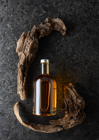 Bottle of whiskey and old snags on a black stone background. Top view.の写真素材