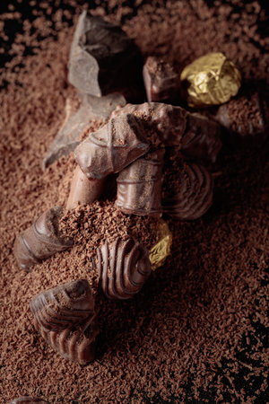 Chocolate candies on a black background sprinkled with chocolate chips.の写真素材