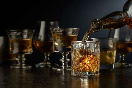 Whiskey is poured from a bottle into a crystal glass.