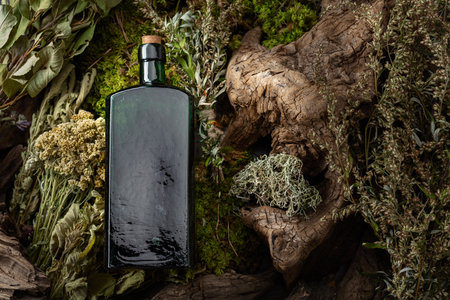 Vintage bottles with tinctures and various dried herbs. Concept of herbal medicine. Top view.の写真素材