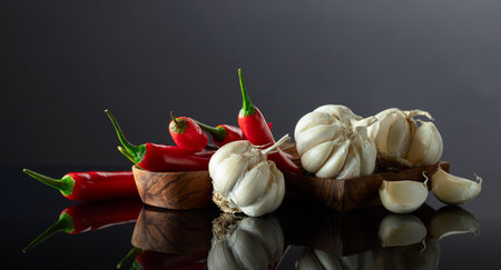 Garlic bulbs and red chili peppers on a black reflective background. Copy space.の写真素材