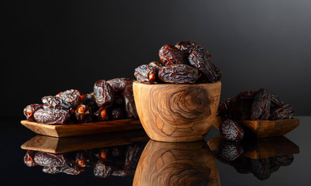 Dates in wooden dish on a black reflective background.の写真素材