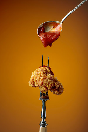 Delicious crispy fried chicken with tomato sauce. Fried chicken with ketchup on a fork.の写真素材