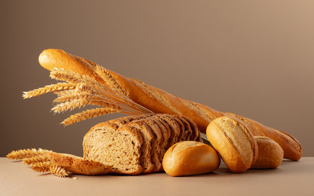 Sliced bread, baguette, and French buns with wheat ears on a beige background. Copy space.