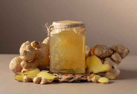 Ginger jam in small square jar and fresh ginger on a beige background.