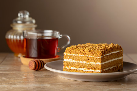 Traditional homemade honey cake on a beige background. Copy space.の写真素材