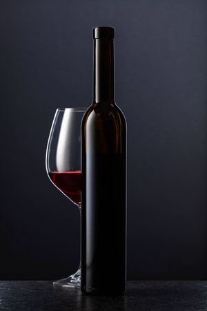 Bottle and glass of red wine on a black background.の写真素材