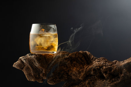 Whiskey with ice and smoke on an old wooden snag. Copy space.の写真素材