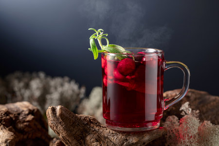 Hot drink with cranberries, lime, and rosemary. Concept of North nature background with snags, moss, and lichen.の写真素材