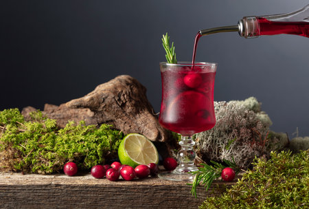 Cranberry cocktail with ice, lime, and rosemary on an old wooden board. Liquor is poured into a glass with ice. North nature background with snags and moss.の写真素材
