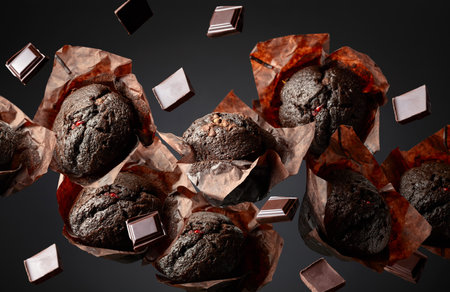 Homemade chocolate muffins and dark chocolate pieces in motion on a black background.の写真素材