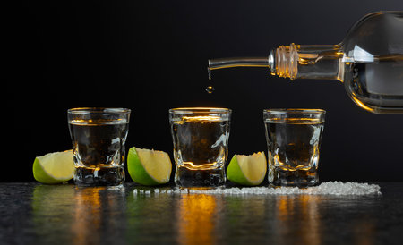 Mexican Tequila with lime and salt on a black stone table. Strong alcoholic drink is poured from a bottle into a shots.の写真素材