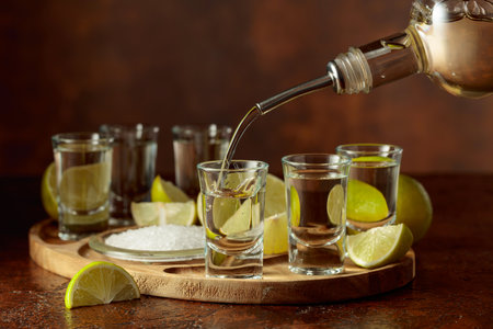 Gold tequila with salt and lime slices on a brown background. Tequila is poured into a glass.