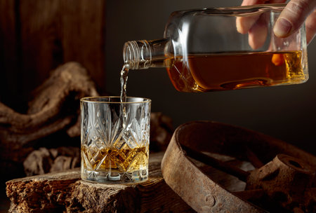Glass of whiskey on an old wooden board. Whiskey is poured from a bottle into a glass. Vintage background with old wood and rusty metal. Concept of old expensive drinks.の写真素材