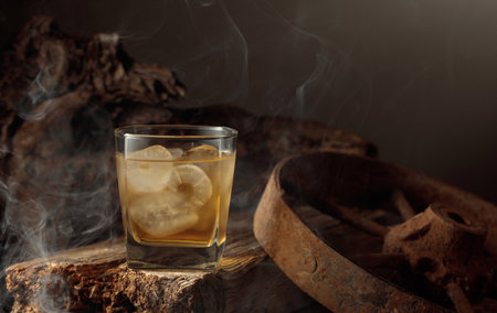 Whiskey with ice on an old wooden board. Vintage background with old wood and rusty metal. Concept of old expensive drinks.の写真素材