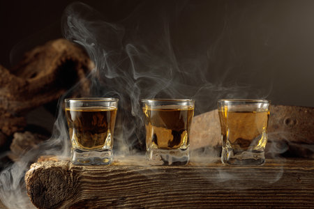 Whiskey shots on an old wooden board. Vintage background with old wood, rusty metal, and smoke. Concept of old expensive drinks. Copy space.の写真素材